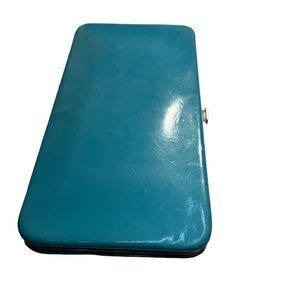 Shiny blue teal clutch wallet 7”x4”